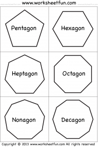 Shapes - Polygons - Pentagon, Hexagon, Heptagon, Octagon, Nonagon, Decagon - 2 Worksheets