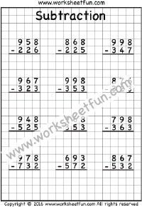 3 Digit Subtraction - No Regrouping - Three Worksheets