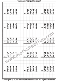 4 Digit Subtraction - No Regrouping - Three Worksheets